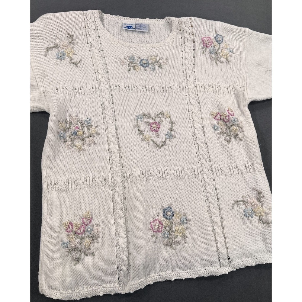 Ship'n Shore VTG White Floral Beaded Embroidered Cotton Sweater Grandma Core M